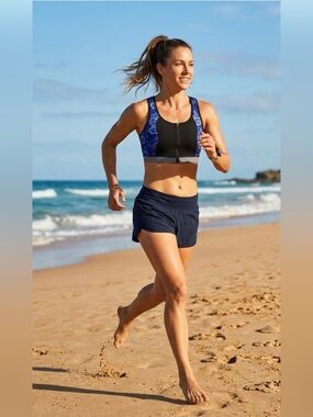 Blue and Black Floral Zip-Up Sports Bra 2X